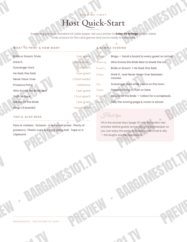 Bachelorette Party Pack preview: Host Quick-Start