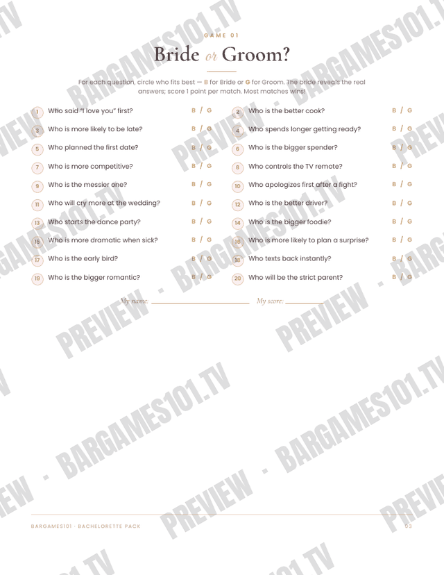 Bachelorette Party Pack preview: Game 01: Bride or Groom?