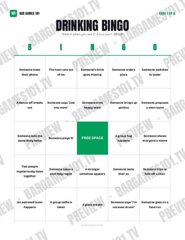 Drinking Bingo preview: Card 1 of 6
